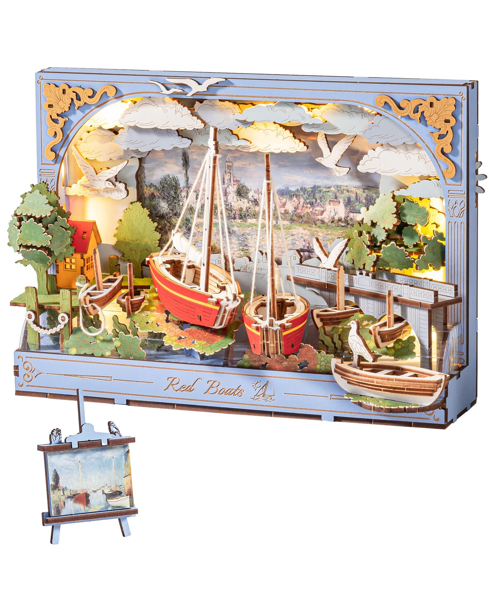 ROWOOD 3D Wooden Puzzle for Adults, Monet's Red Boats Model Kits to Build, DIY Miniature Craft Kit with Lights, Home Office Wall Art Decor Desktop Display, Birthday for Her