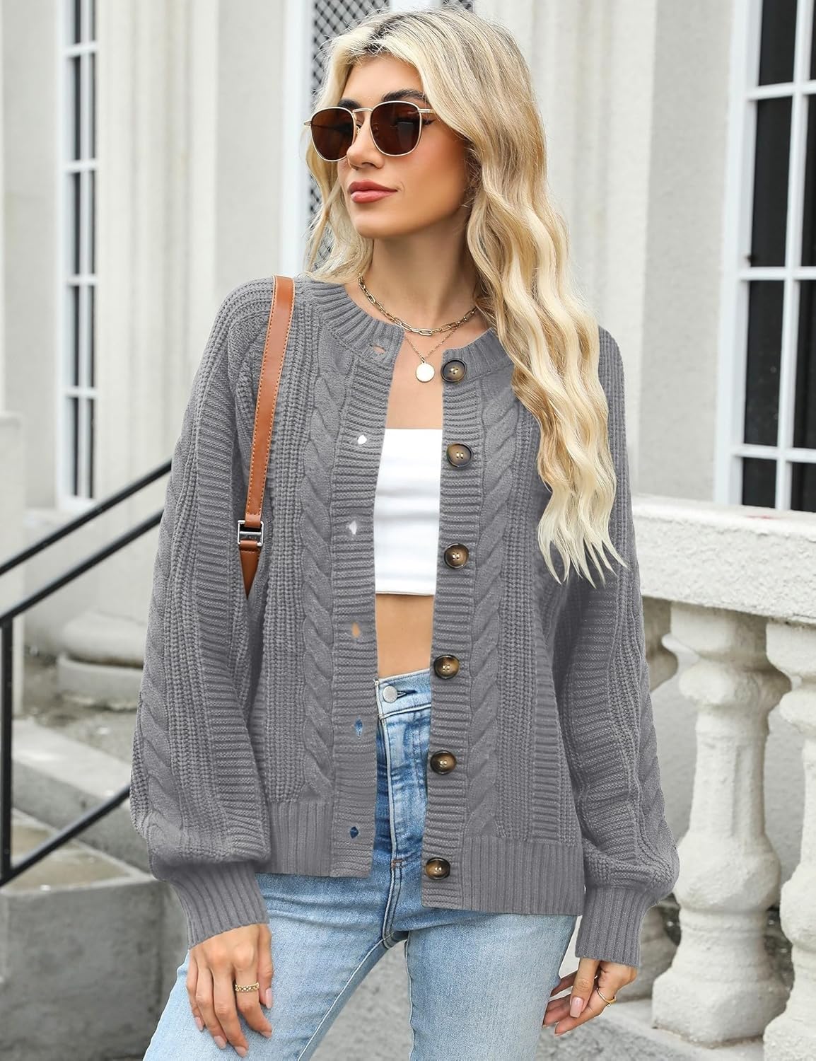 Rapbin Women's Cable Knit Cardigan Open Front Sweater Casual Long Sleeve Button Coats Outerwear - Image 2