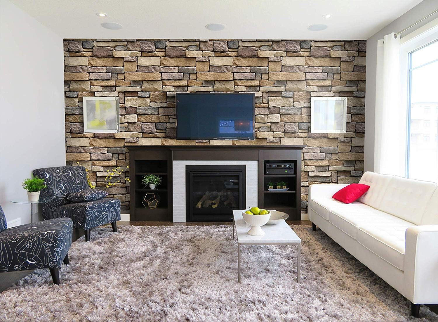 Lependor 17.71" X 393" Stone Peel and Stick Wallpaper - Self Adhesive Wallpaper - Easily Removable Wall Paper - Brick Peel and Stick - 48.45 sq. ft. (17.71" x 32.8ft, Dark Stone)