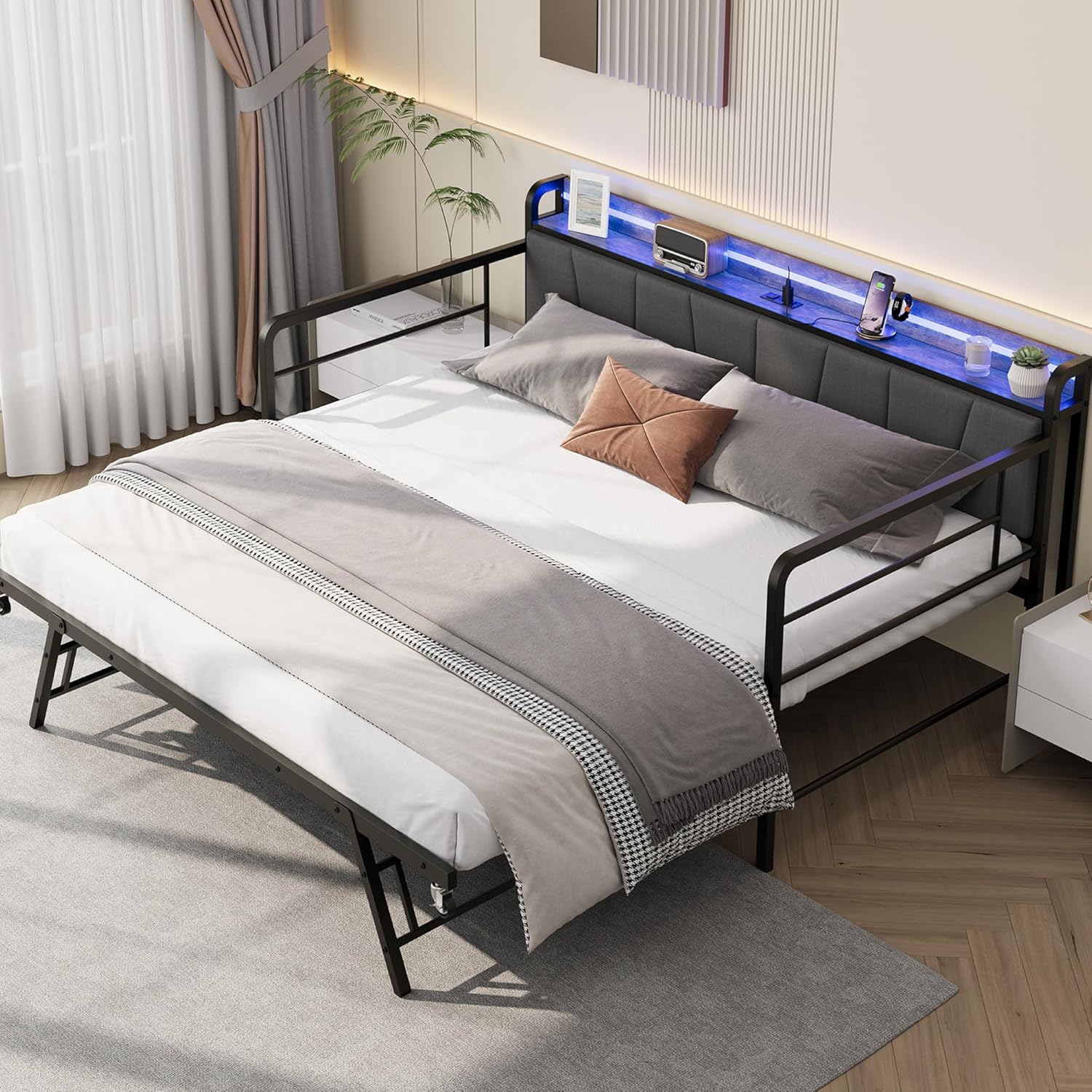 GAOMON Twin Daybed with Pop Up Trundle, Heavy Duty Metal Twin Bed Frame with LED Lights Charging Station, Linen Upholstered Storage Headboard, for Living Room, Bedroom, White