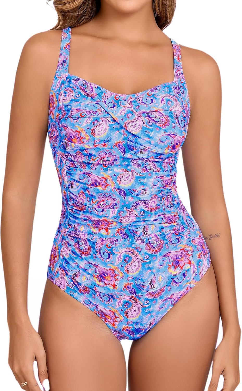 Itzel Women's Ruched Twist Front One Piece Swimsuit Tummy Control Push Up Vintage Retro Bathing Suits