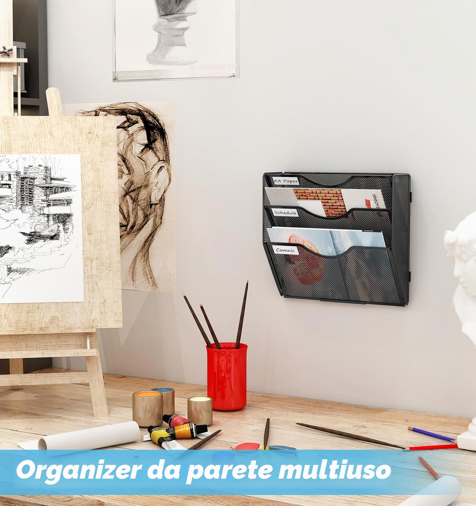 Organizer Documenti da Parete 3 Livelli con Portariviste A4 - Metallo Schedario Ufficio Multifunzione, Portabrochure per Casa e Scuola - Nero