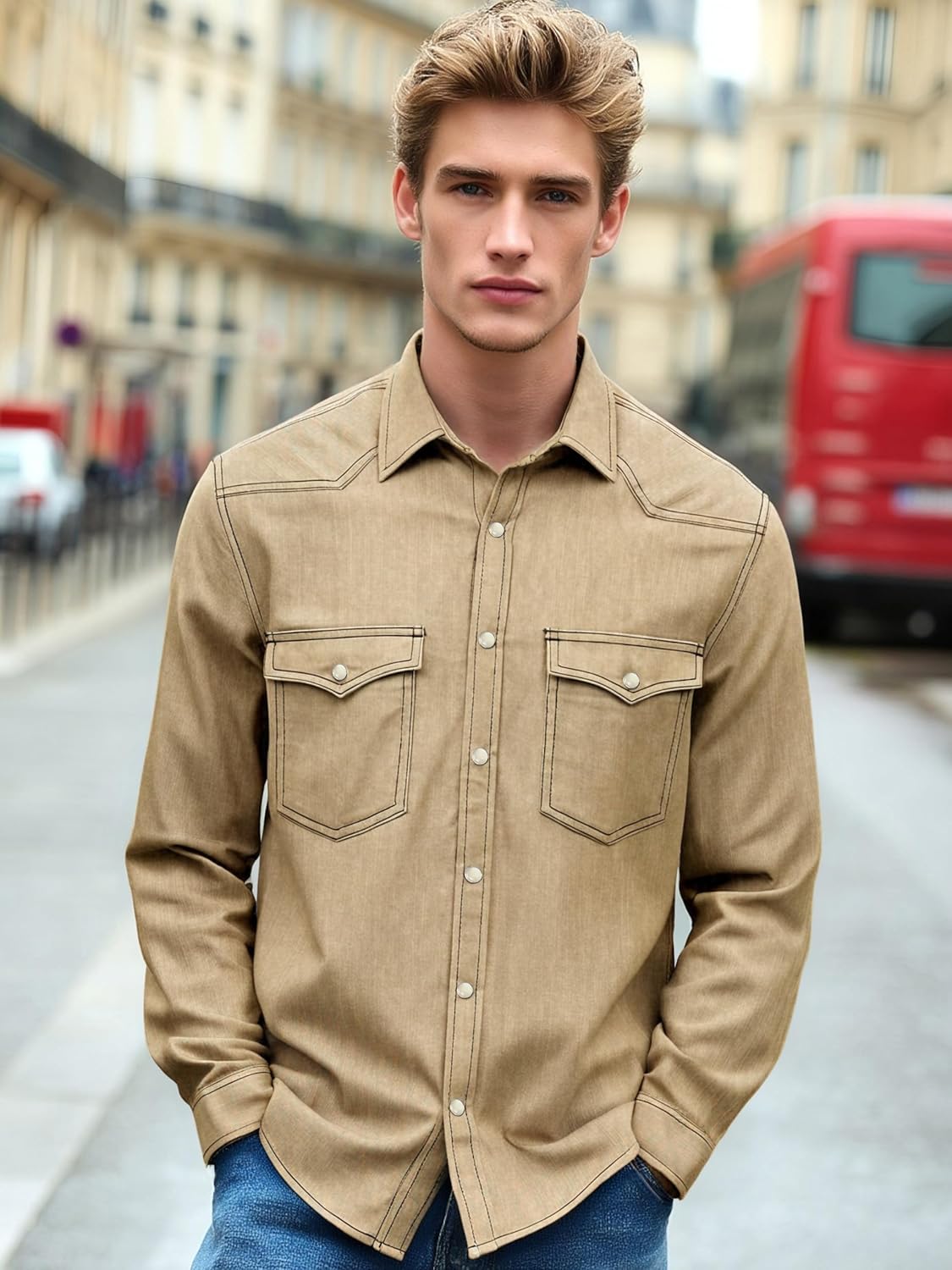 JOGAL Mens Western Cowboy Shirts Long Sleeve Denim Pearl Snap Shirts Regular Fit Work Shirts - Image 3