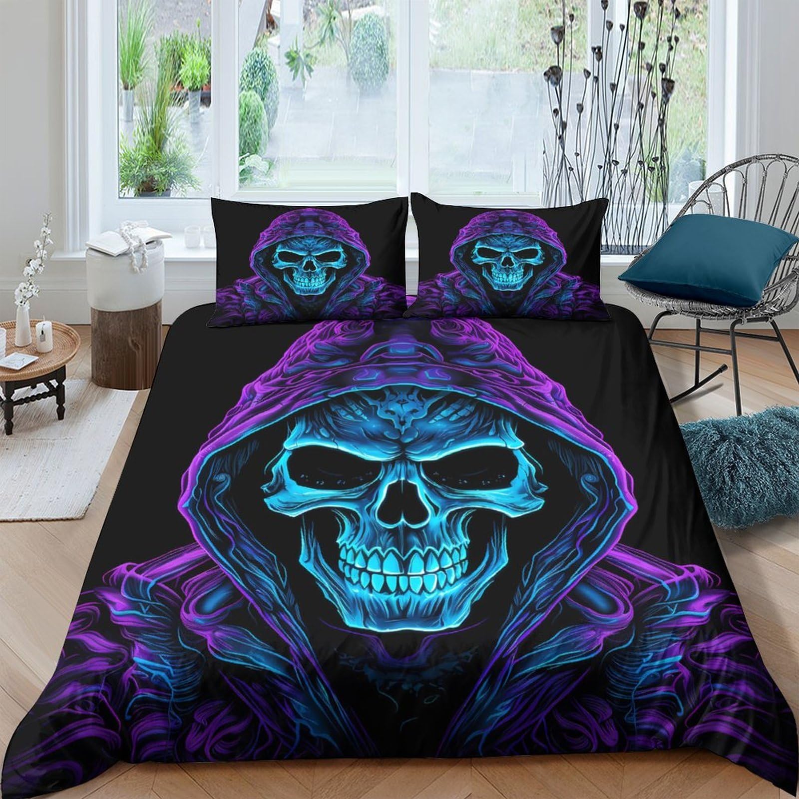 Ctjqhvkz Style-9 3D Printed Neon Skull Fitted Sheet Microfiber Soft Black Gothic Hood Mattress Cover For Bedroom Dorm Easy Care Single（135X200cm）