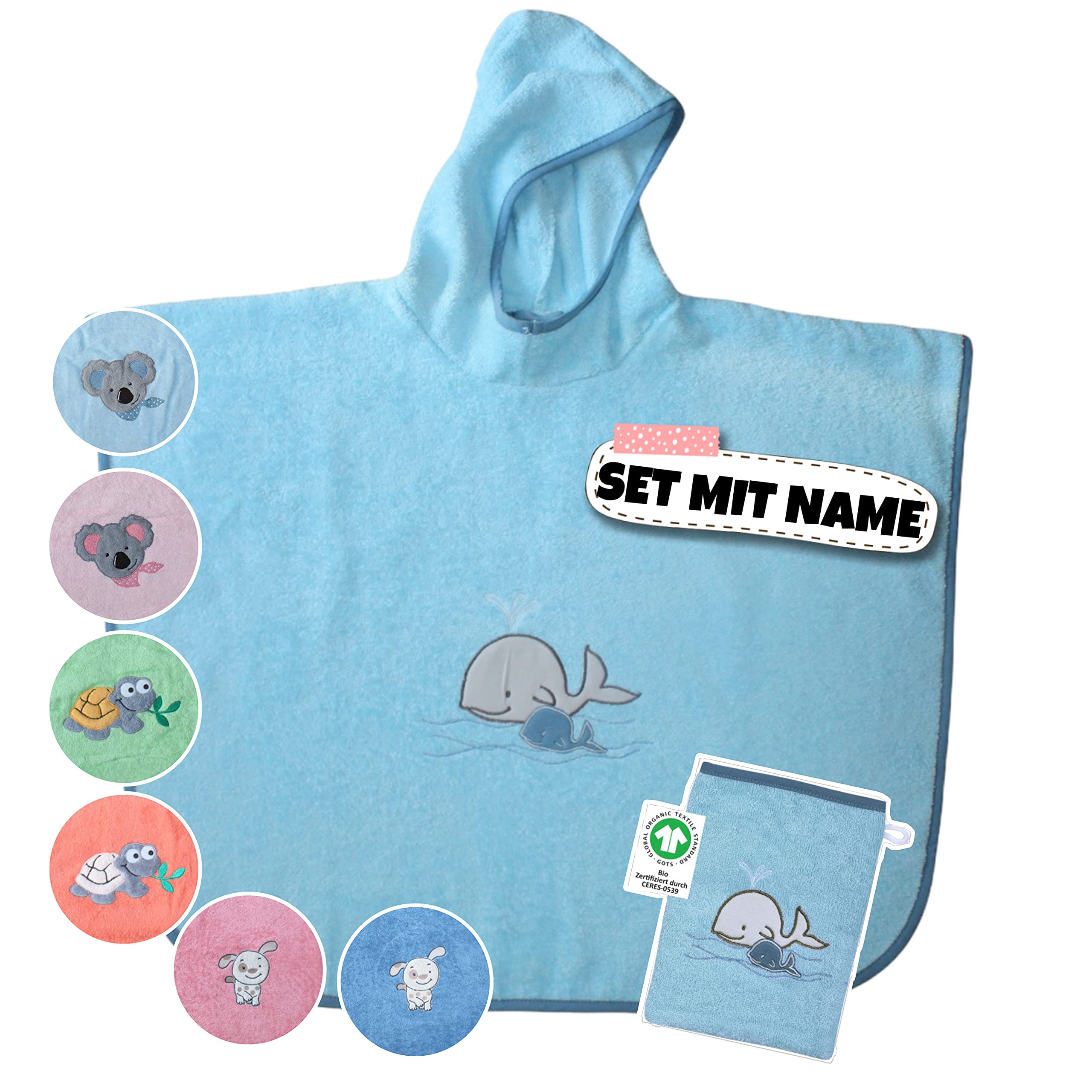 Set Kinder Poncho + Waschlappen personalisiert | 100% Bio Baumwolle | personalisiert mit Namen | Baby Kapuze Bademantel | Badeponcho | Kinder Badetuch | bis 7 Jahre (Walfamilie Türkis)
