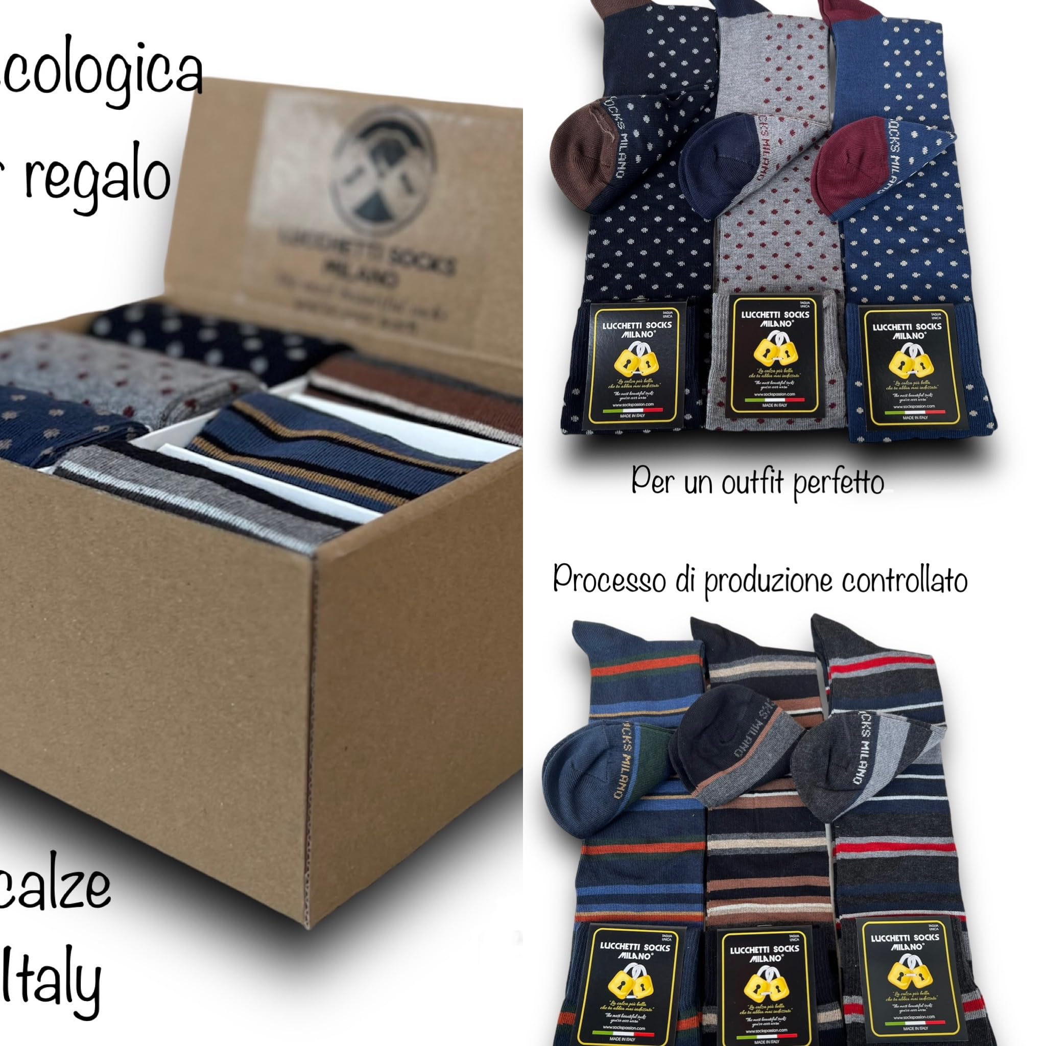 Lucchetti Socks Milano Scatolina Idea Regalo 6 Paia Calze Fantasia Uomo Lunghe Made in Italy Colorate Invernali Pois Righe Confortevoli