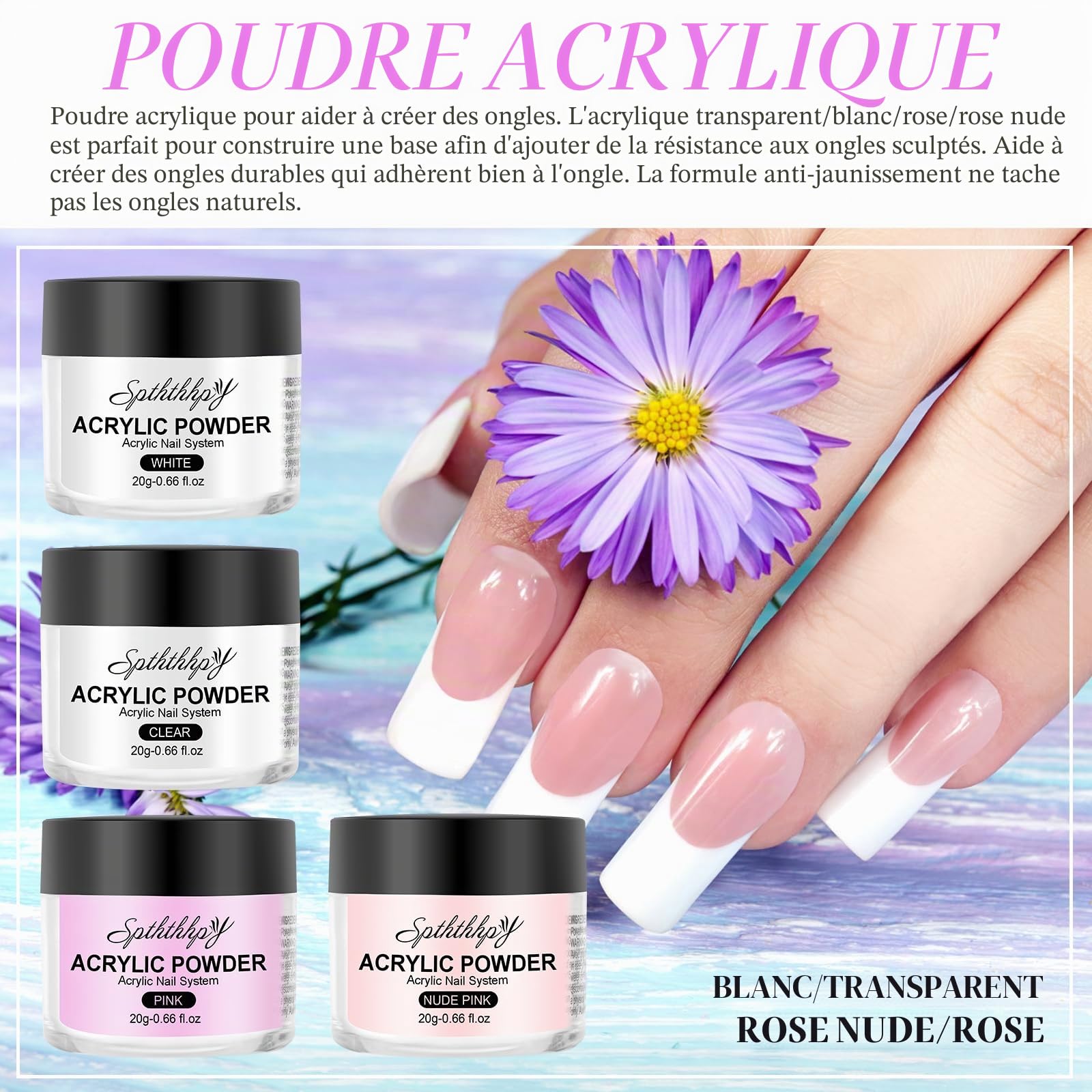 4PCS Poudre Acrylique pour Ongles SPTHTHHPY et 75ML Liquide Acrylique, Kit Vernis à Ongles Complet, Convient Aux Débutants et Aux