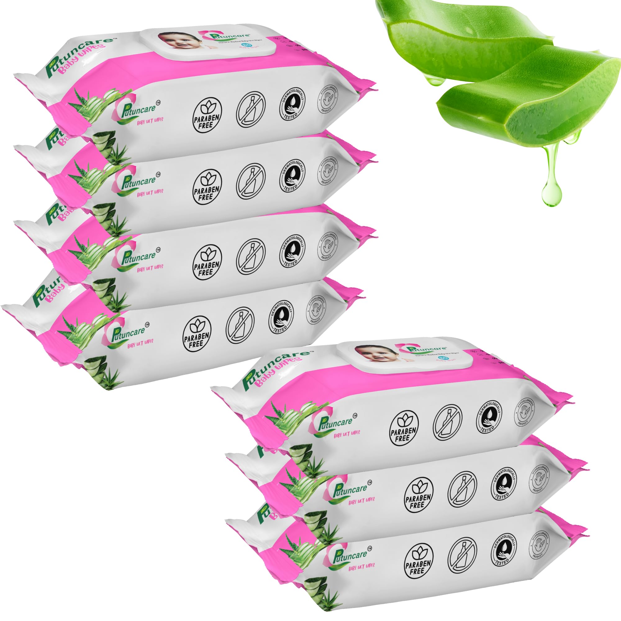 Putuncare Baby Wipes with 99% Pure Water – 80 Wipes per Pack (Pack of 7, Total 560 Wipes) | Aloe Vera & Cucumber | pH Balanced, Paraben-Free-image-22