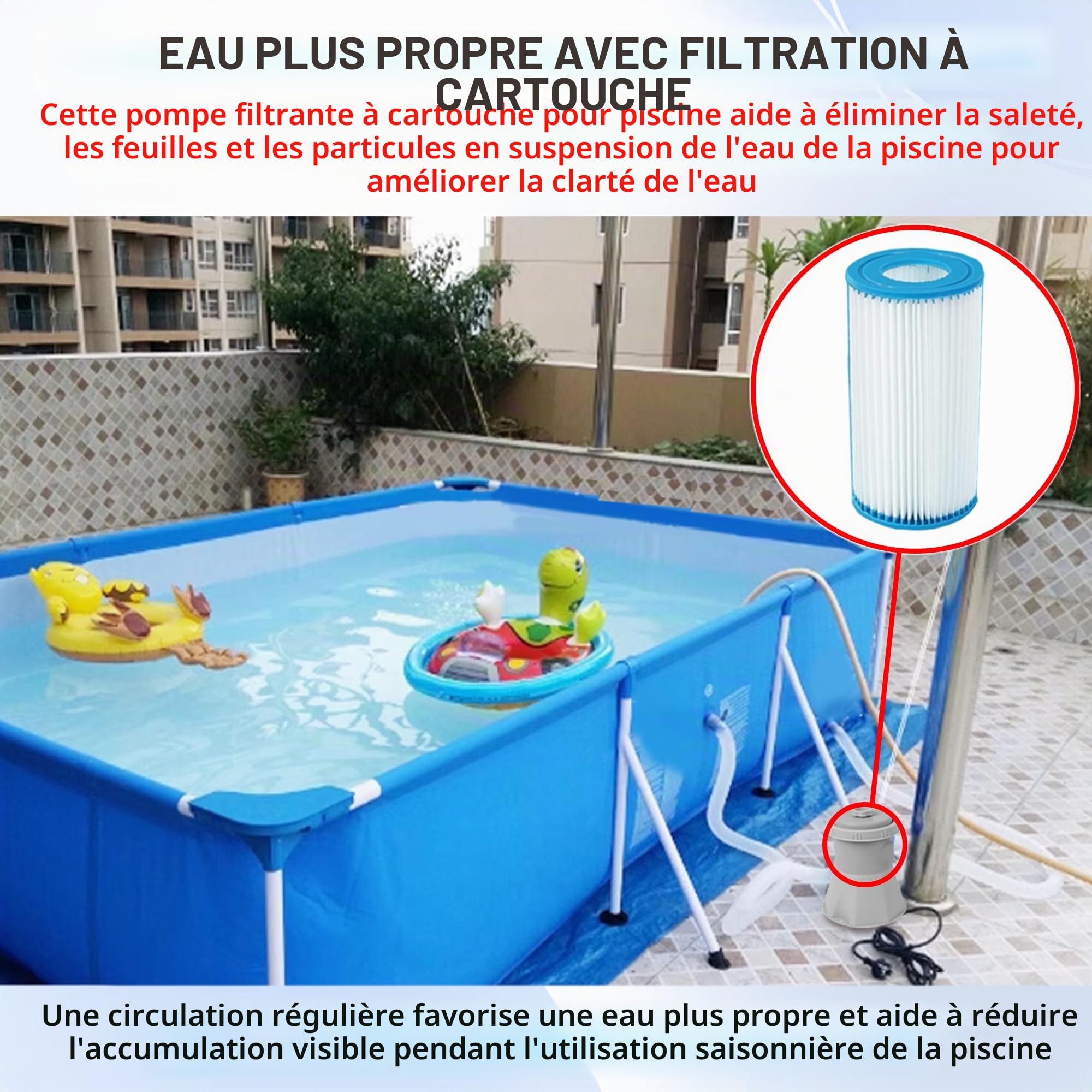 TonGass Pompe de filtration de piscine 1136 L/h (300 GPH) pour petites piscines hors sol, système de pompe à filtre à cartouche avec GFCI, pompe de circulation d'eau pour le nettoyage de la piscine et