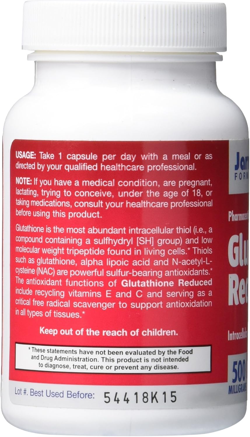 Jarrow Formulas Glutathione Reduced 500 mg- Pharmaceutical Grade Glutathione- Intracellular Antioxidant- Dietary Supplement- Bolsters Regeneration of Vitamin C & E