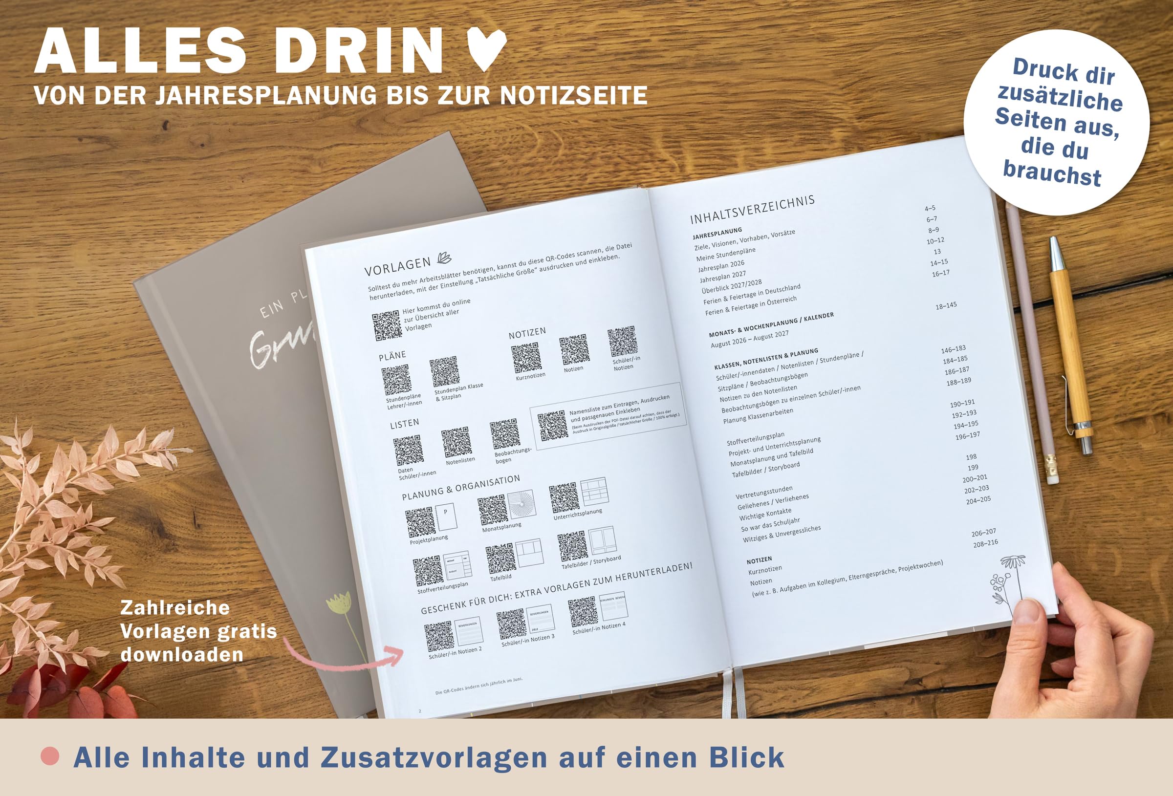Eine der Guten Grundschulplaner 2026/2027 A4 Hardcover – Lehrerkalender Grundschule 2026 2027 | 2 Lesebänder, 6 Stunden, Beobachtungsbögen | nachhaltig, FSC-Papier, klimaneutral | Grau Beige Blumen