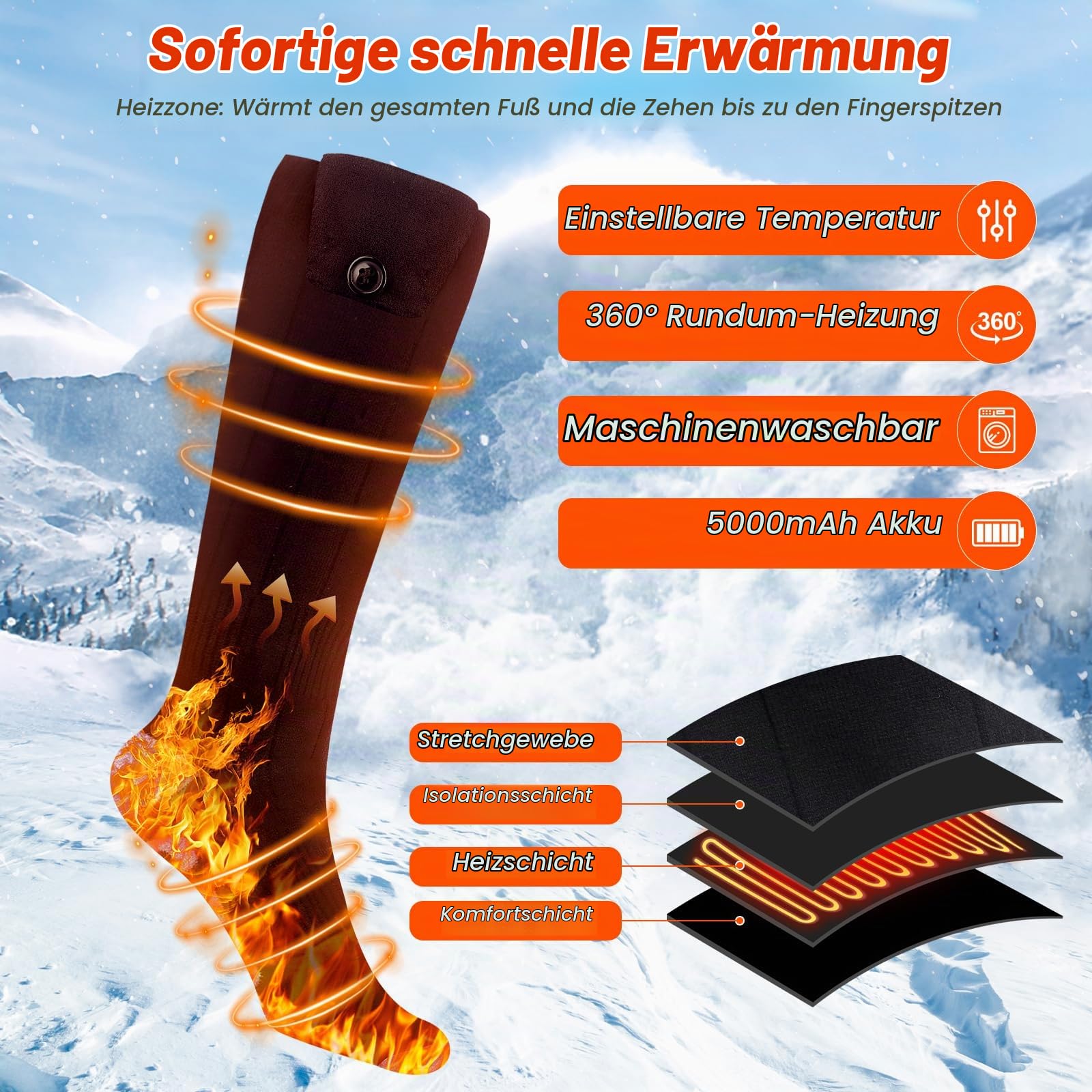 Beheizbare Socken, Beheizte Socken Damen Herren, 5000mAh Akku Wiederaufladbare Heizsocken 70℃ Fußwärmer für Außen Innen mit 4 Einstellbarer Temperatur für Winter Camping Jagd Skifahren Reiten