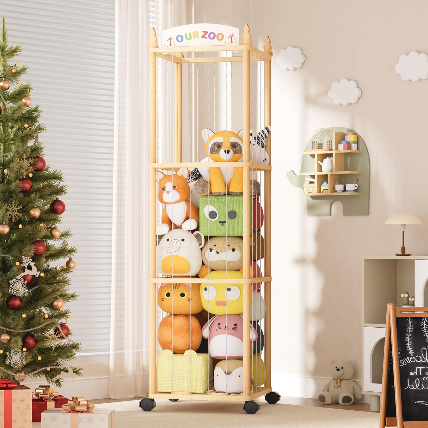 Stuffed Animals Storage with Wheels, 54" Rolling Toy Organizer, Stuffed Animal Zoo Storage, Space Save Plushie Holder Extra Large Stuffed Animal Cage Tower for Nursery, Playroom, Bedroom