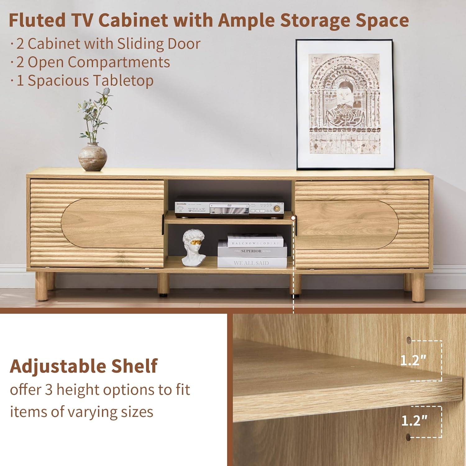Bifins 63inch Sliding TV Stand for Televisions up to 70 Inches,Mid Century Modern Entertainment Center TV Console Table with Storage and Shelf for Living Room Bedroom (Natural Oak)