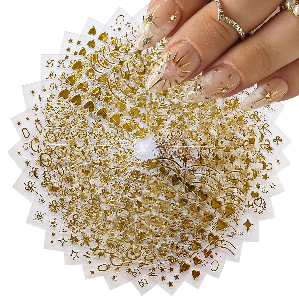 30 Sheets Gold Star Nail Art Stickers 3D Self-Adhesive Gold Line Nail Decals Star Moon Nails Designs for Women Manicure Tips