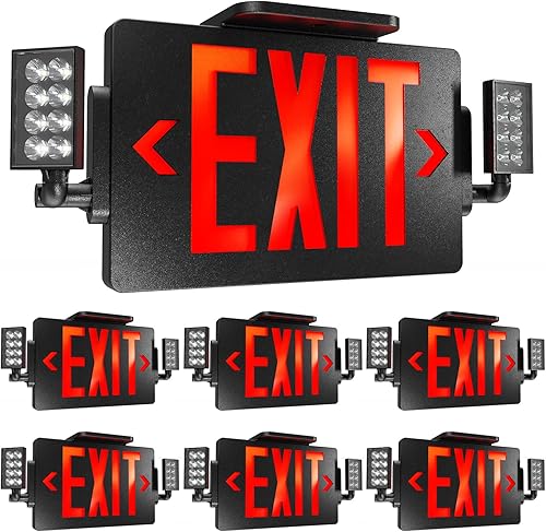 Sunco - Paquete de 6 letreros de salida negros con luces de emergencia, dos luces LED ajustables, 94V-0 resistentes al fuego, batería de respaldo,