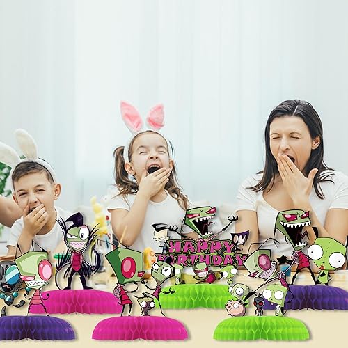 Miniatura 6 de 7 piezas de suministros de fiesta de cumpleaños de invasor, decoración 3D de doble lado para mesa lateral con temática de panal de abeja para