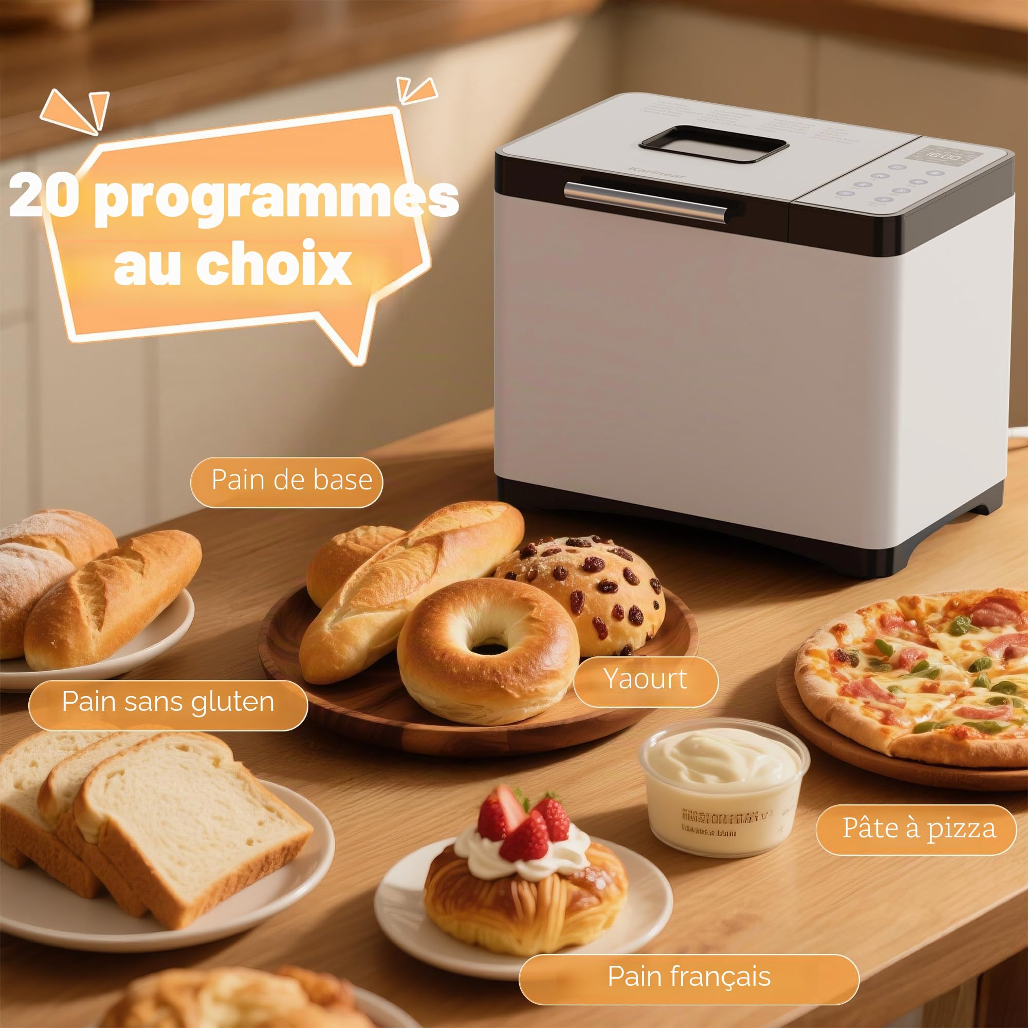 Machine à pain Karinear acier inoxydable 20 programmes départ différé 15h blanc