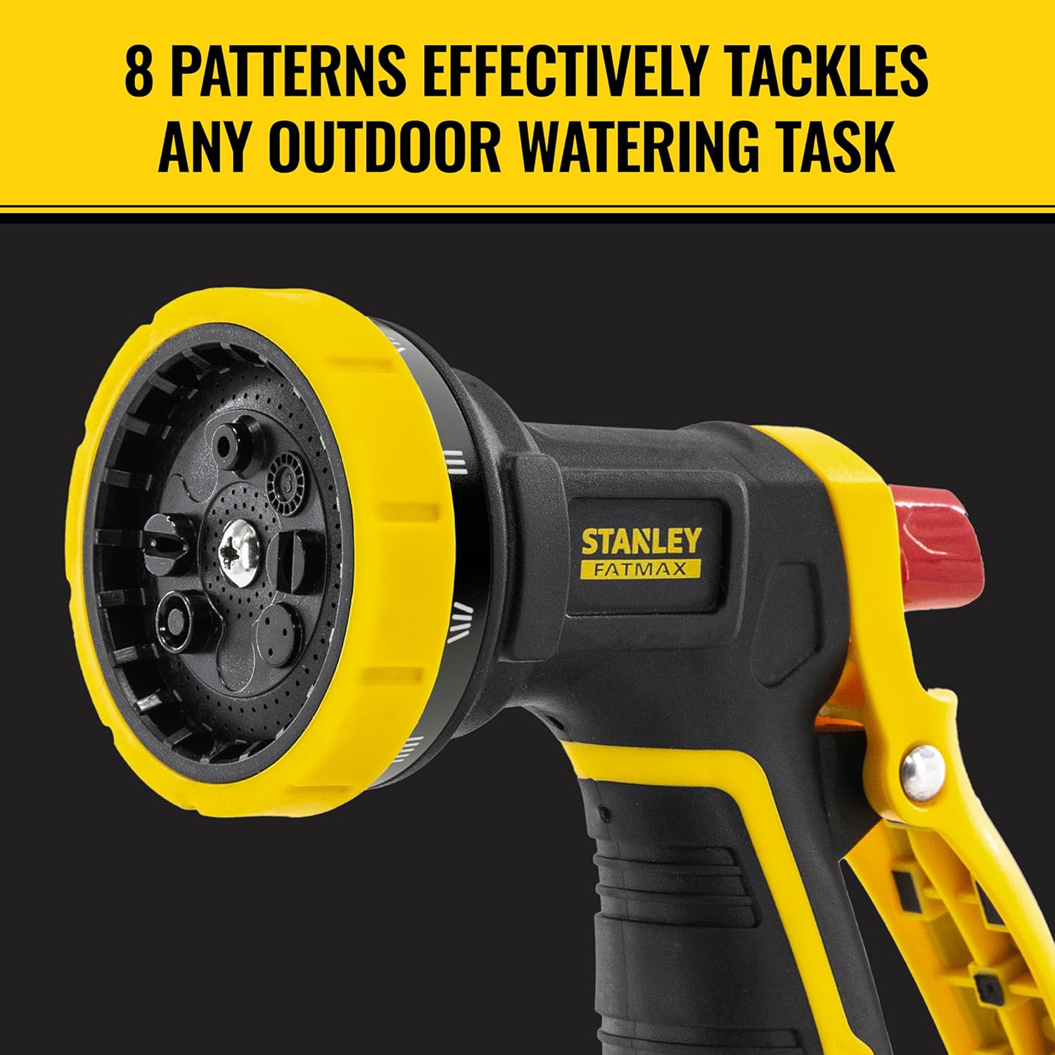 Close-up of the Stanley Fatmax hose nozzle head, showing the 8 spray patterns.