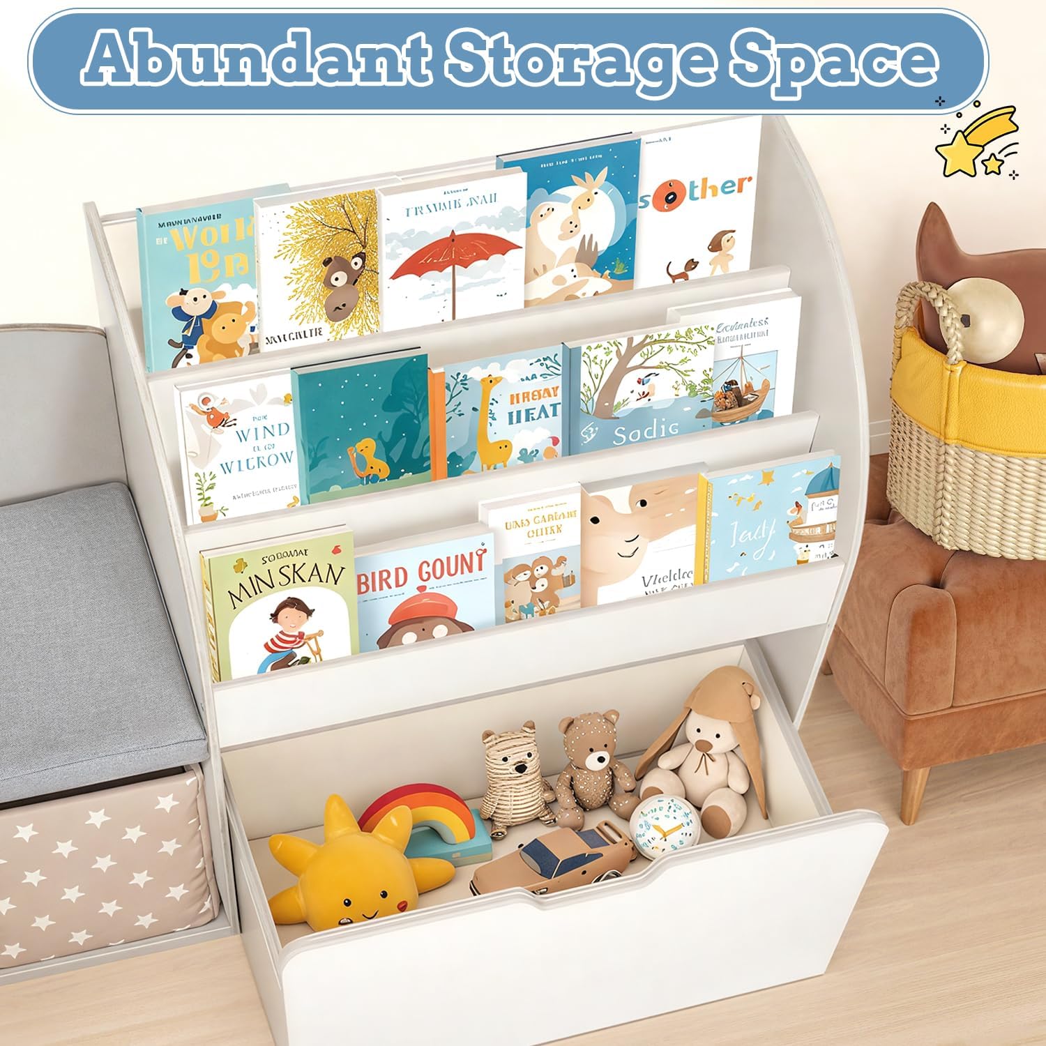 67" Kids Reading Nook with Bench, Toy Storage Organizer with Seat Cushion, 6 Storage Cubbies, Movable Drawers,Kids Bookshelf and Bookcase for Playroom, Bedroom, School, Ivory White
