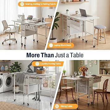 Furnaza 56.7 Foldable Wheeled Sewing Craft Table with Charging Station
