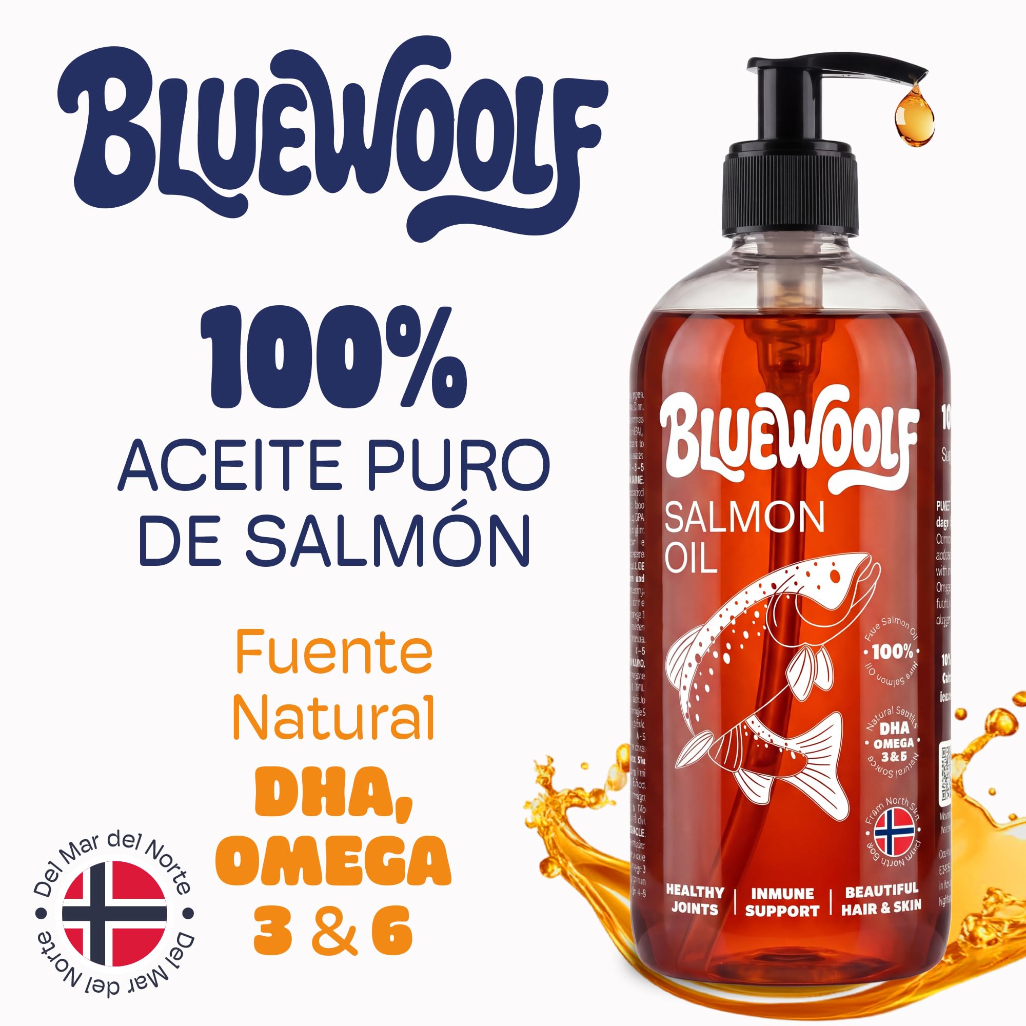 Aceite de Salmon Perros y Gatos 250ml con Omega 3 para Mejora Piel y Pelo Articulaciones y Sistema Inmunitario Salmón para Pienso, Barf y Comida Húmeda Oil for Dogs BlueWoolf - 3