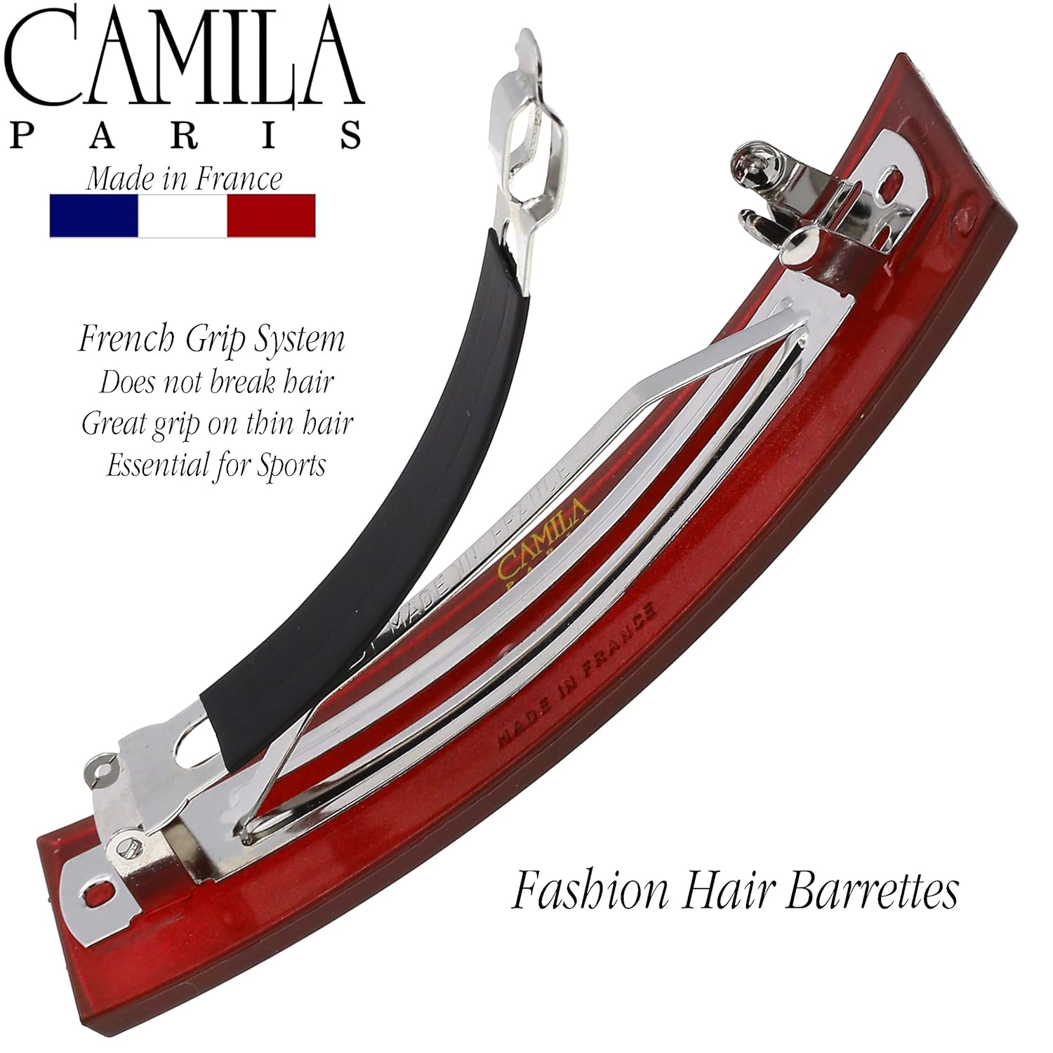 Camila Paris CP3190 French Hair Barrette Clip for Girls, Red, Rubberized Automatic Clasp Strong Hold Grip Hair Clips for Women, No Slip and Durable Styling Girls Hair Accessories, Made in France