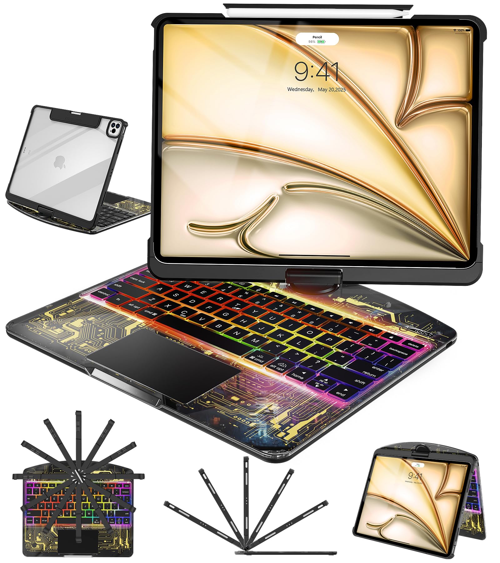 Clear Keyboard Case for iPad Air 11 inch (M4/M3/M2, 2026/2025/2024) & iPad Pro 11 inch(1st/2nd/3rd/4th) & 10.9 inch iPad Air 4/5th Gen, 7-Color Backlit Keyboard with Trackpad and 360°Rotating, Black