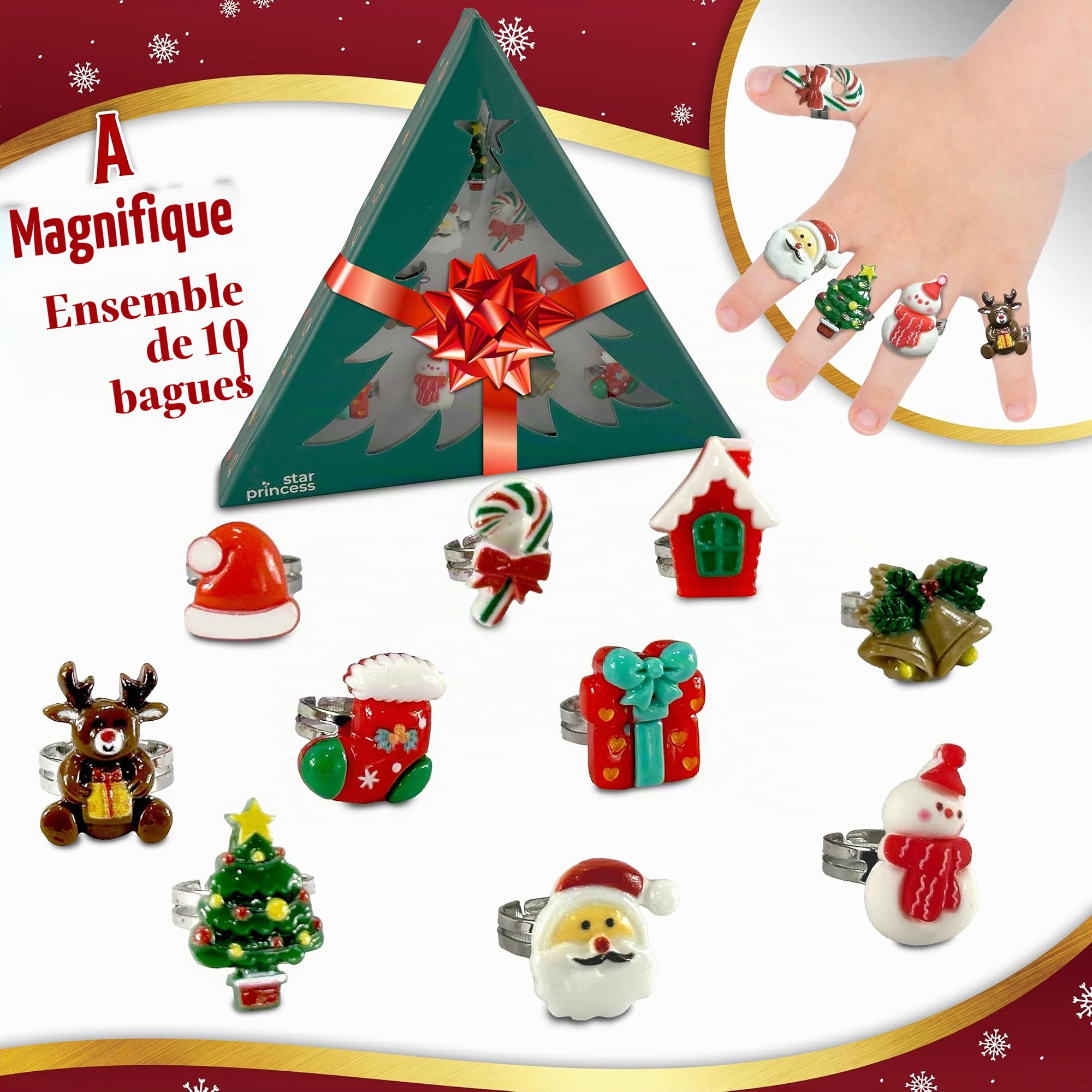 Lot de 10 Bagues Réglables de Noël pour Filles dans un Coffret Cadeau d'Arbre, Plastique, Aucune Pierre Précieuse - Pour Filles de 3 à 8 Ans