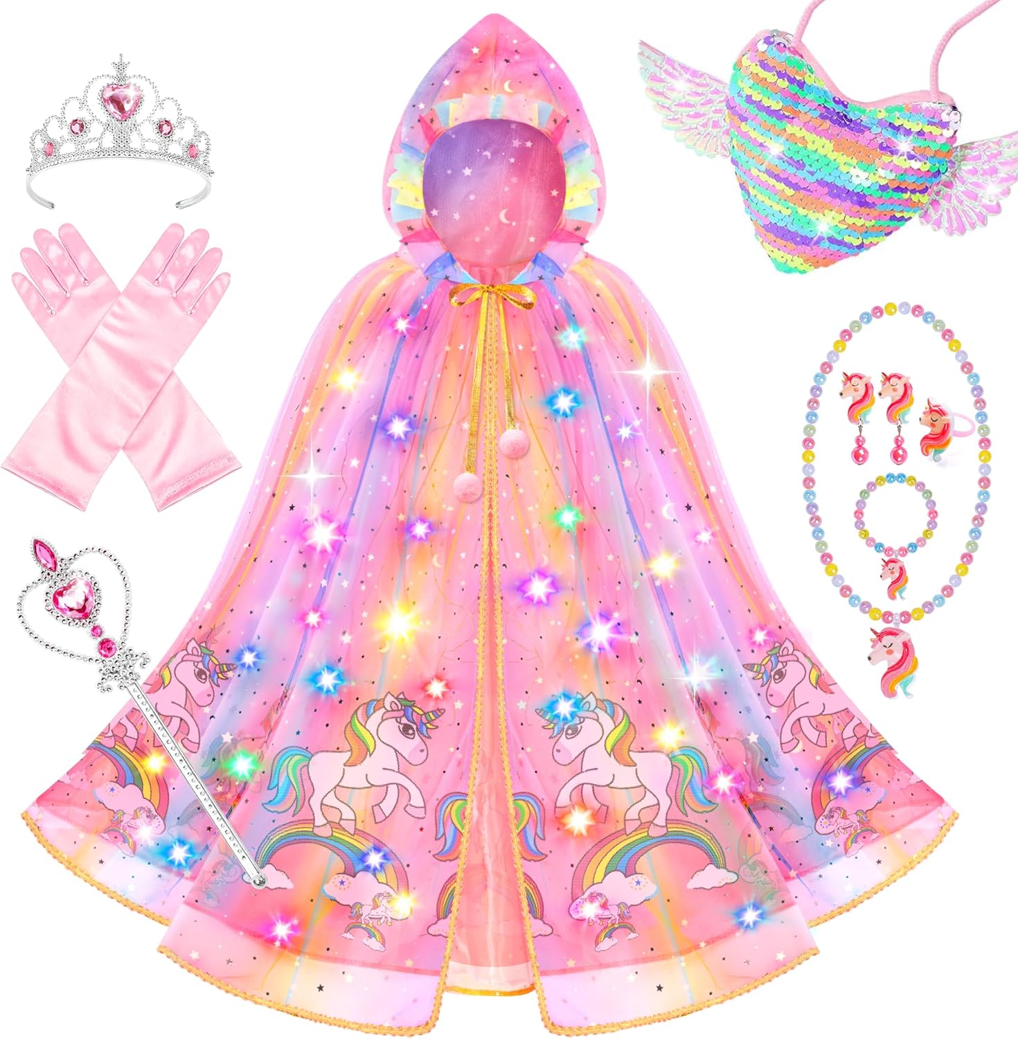 Jeowoqao Princess Dress up for Girls 4-6, Light up Princess Cape with Crown Gloves Princess Toys for Girls 3-6 Halloween
