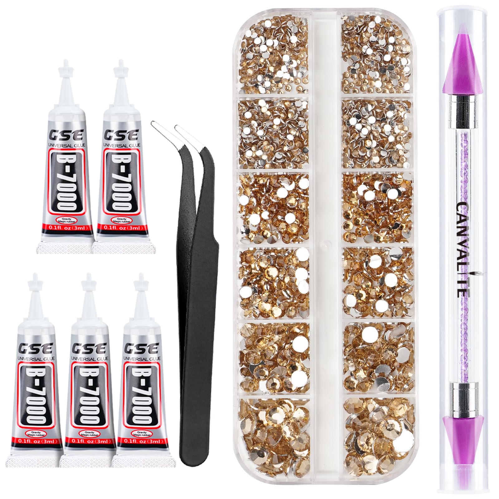 Canvalite 2784Pcs Champagne Rhinestones Flat Back Gems, Nail Rhinestones Gems with Jewelry Glues Pick Up Tweezers and Rhinestone Picker Dotting Pen,