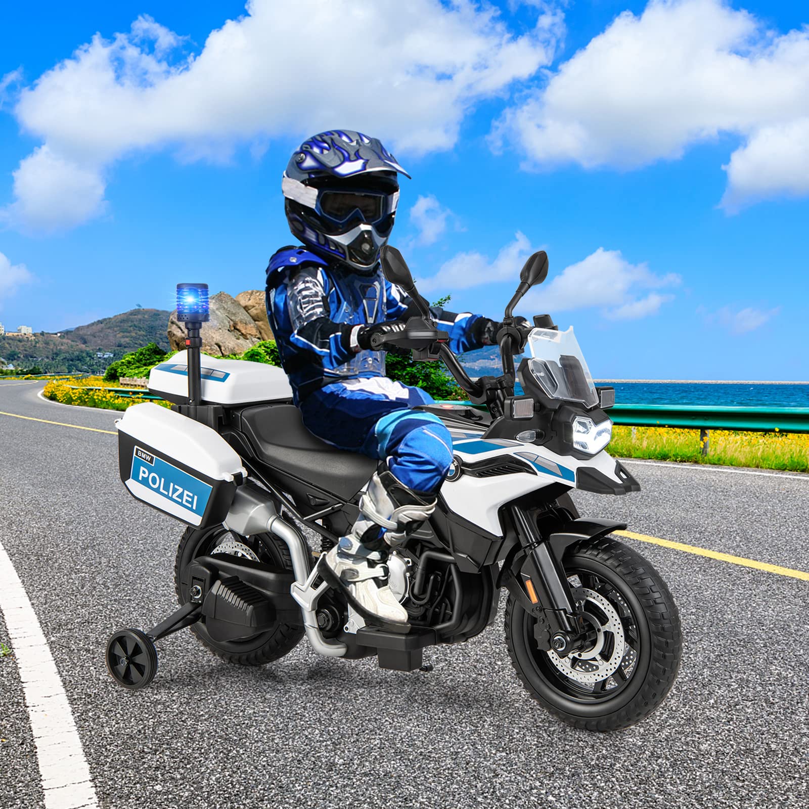 COSTWAY Kinder Motorrad Polizei, 12V BMW Elektromotorrad mit LED-Scheinwerfer, Sirenenlicht & Musik, Kindermotorrad mit 2 Stützrädern, 3-6 km/h, für Kinder ab 3 Jahre, Weiß