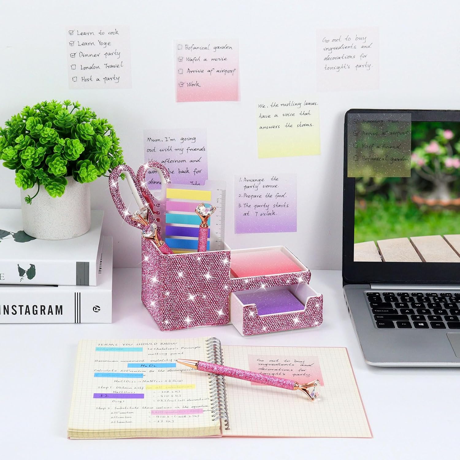 MultiBey Pink Rhinestone Bling Desk Organizer with Drawer, 200 Sheets Pastel Glitter Sticky Notes Set with Romantic Index Tabs with Ruler, Aesthetic Pink Desk Accessories for Women Girls Students
