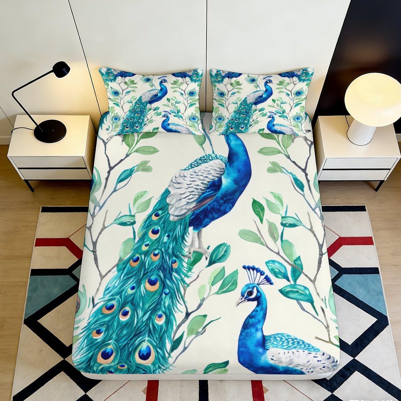 3D Printed Peacock Feather Fitted Sheet Microfiber Deep Pocket Peacock Feather Mattress Fitted Cover Non-Slip Full Wrap for Bedroom 140x200x25cm