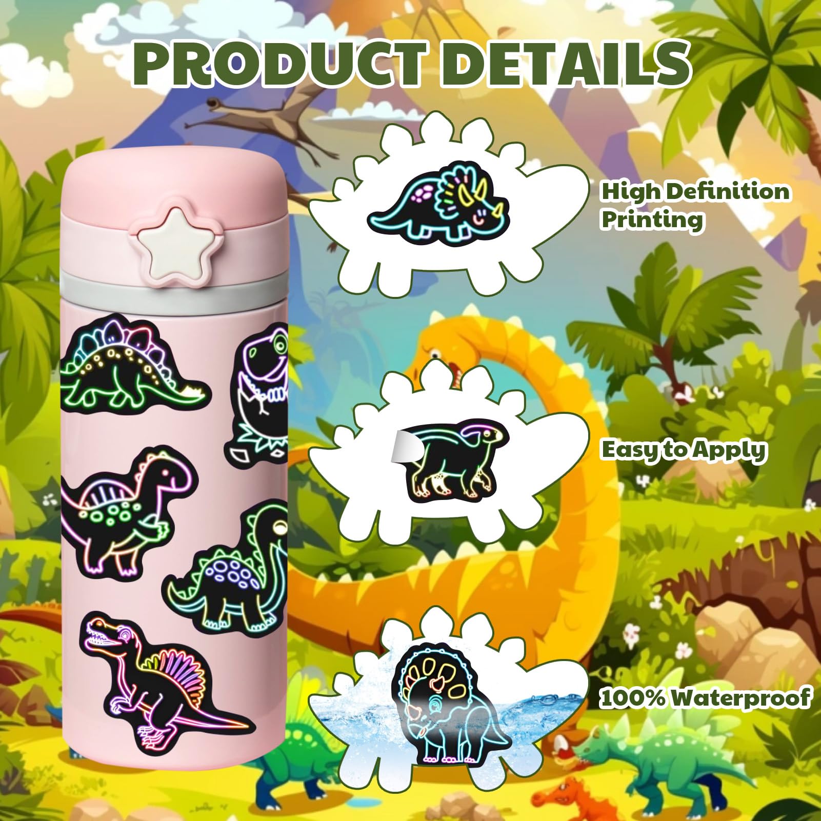 50 stuks neon coole stickers, waterdicht, dinosaurus, stickers, vinyl, kleurrijk, stickers voor skateboard, scrapbooking, pc, laptop, koffer, gitaar, waterfles