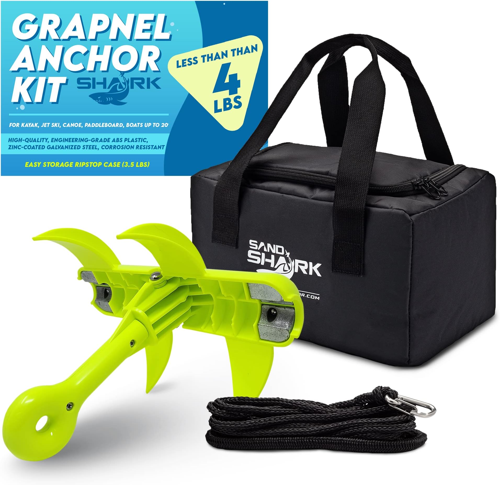 SandShark Jaws Folding Grapnel Anchor Kit, 25–28ft Bungee Line, Easy Storage Rip-Stop Case, Jetski Anchor, Boat Anchor, Kayak Anchor, Canoe Anchor, Paddleboard Anchor, High-Strength ABS Plastic.