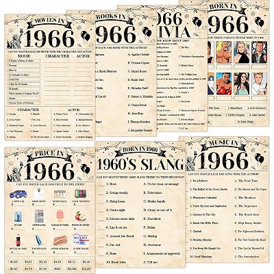 70Pcs 60th Birthday Party Games Born In 1966 Fun 1966 Trivia Music Slang Books Game Double-Sided Game Cards Vintage 60th Birthday Party Supplies for 60 Year Old Activity Anniversary Class Reunion