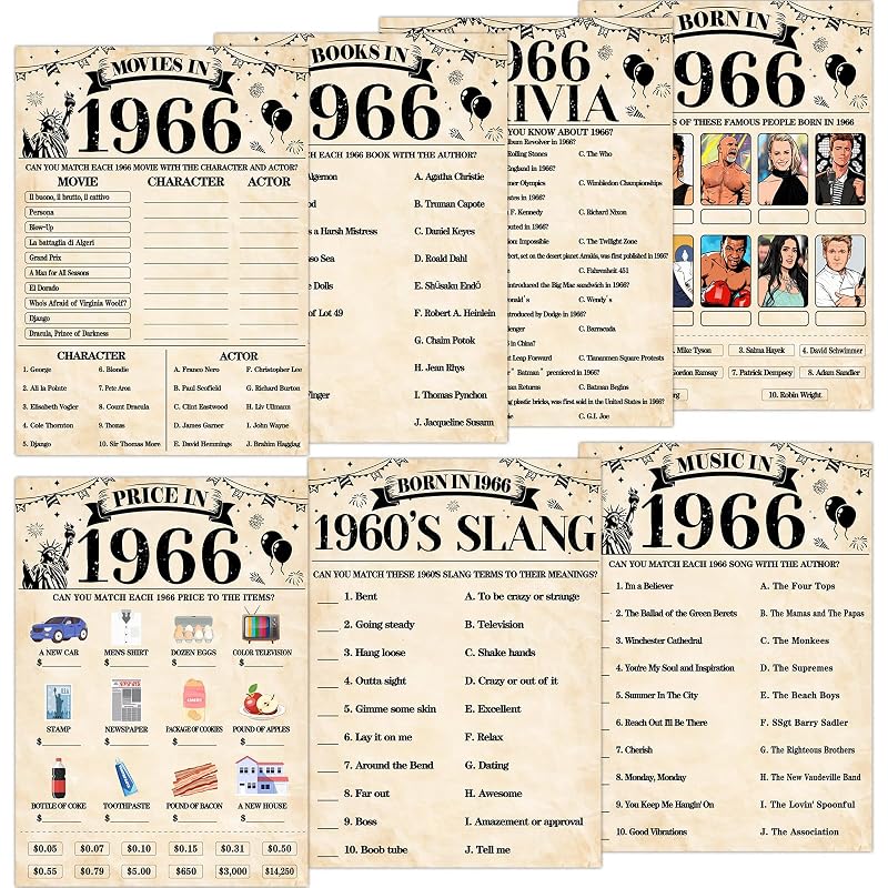 70Pcs 60th Birthday Party Games Born In 1966 Fun 1966 Trivia Music Slang Books Game Double-Sided Game Cards Vintage 60th Birthday Party Supplies for 60 Year Old Activity Anniversary Class Reunion