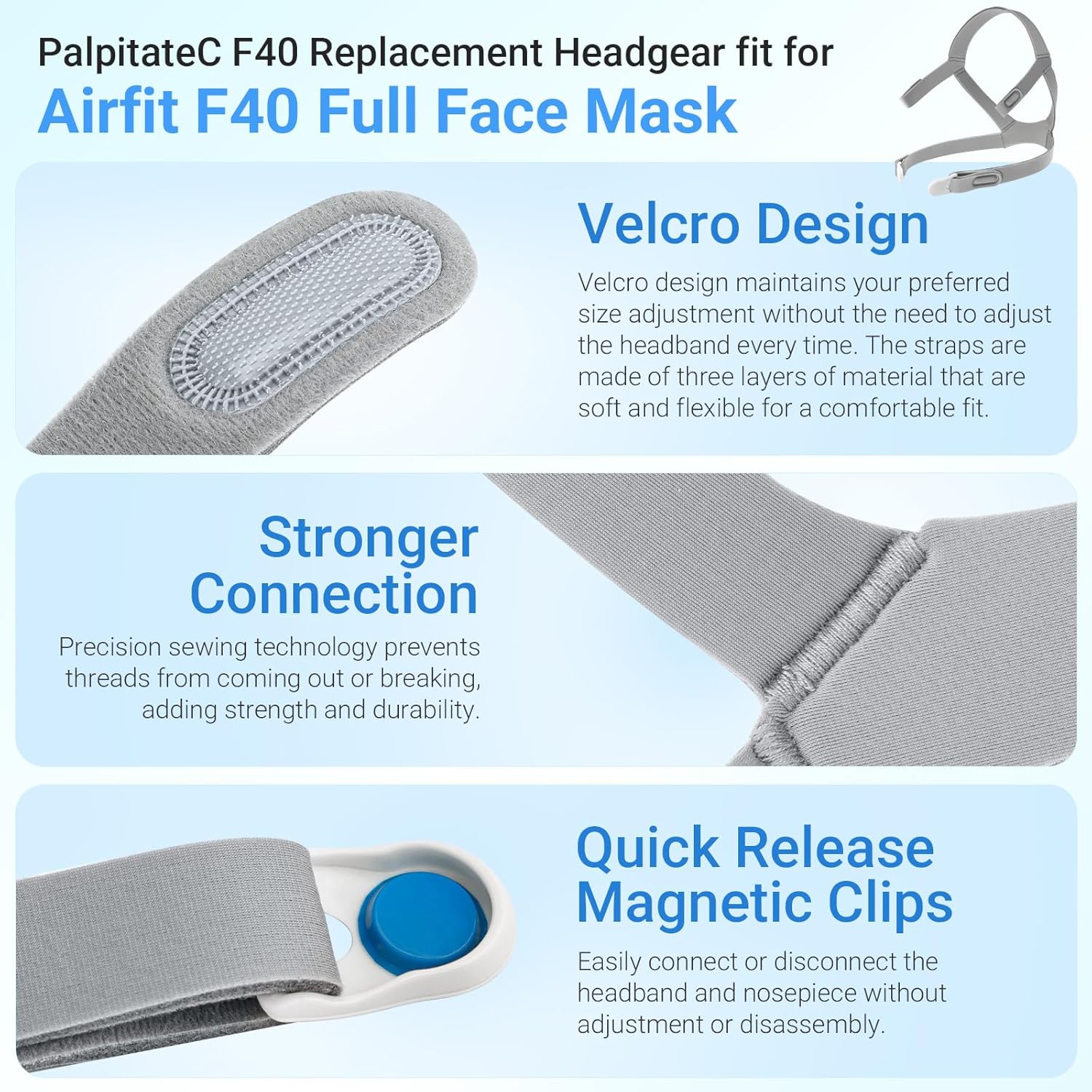 F40 Replacement Headgear Compatible with ResMed AirFit F40 Full Face Mask Strap, Adjustable Home Mask Headband with 2 Magnetic Headgear Clips, Standard F40 Head Strap - Image 4