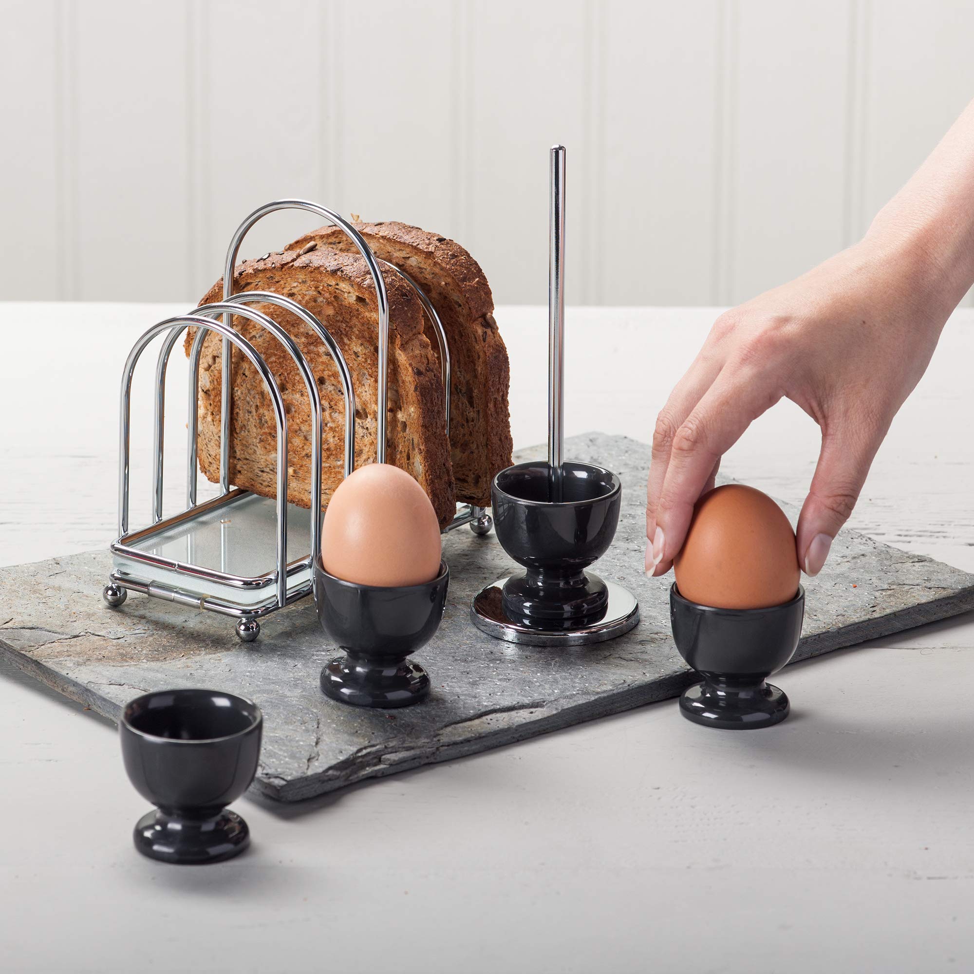 Zeal BASET9T Breakfast Set Set of 4 Melamine Stacking Egg Cups on Stand with Chrome and Glass 6 Piece Toast Rack, Dark Grey - Image 2