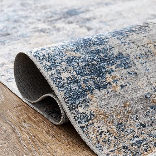 Miniatura 8 de jinchan Alfombra de área de 4 x 6, lavable, moderna, abstracta, azul, con múltiples estampados, delgada, colorida, sobreteñida, envejecida, alfombra