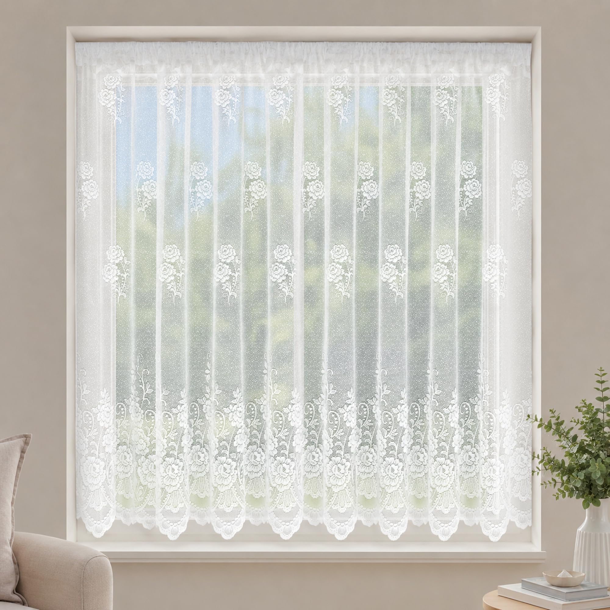 7 Metres Wide x 45" (115cm) Drop - Rosalie White Floral Lace Net Curtain With Traditional Heavy Base, Privacy Design And Scalloped Hem