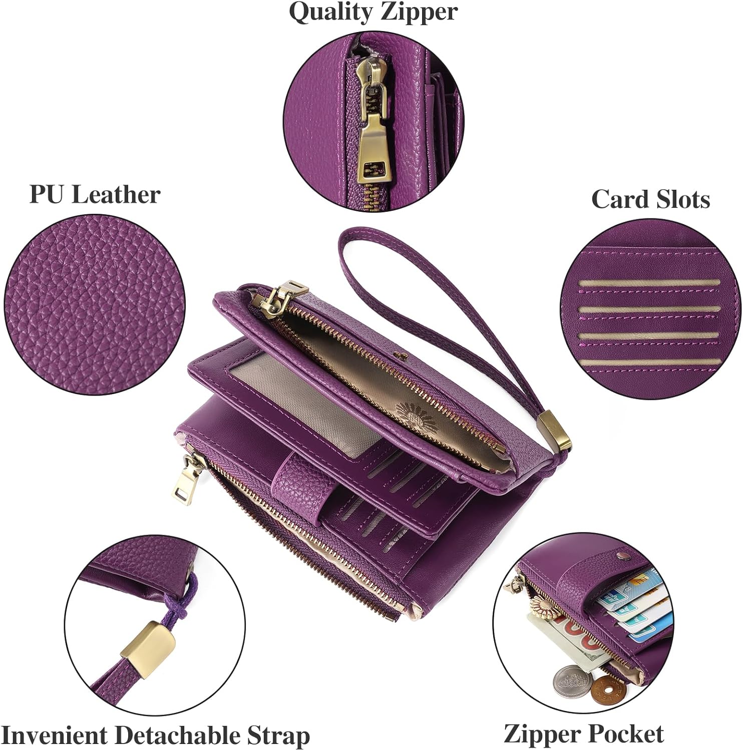 SENDEFN Small Wallet for Women Leather RFID Blocking Wristlet Wallet Credit Card Holder with Double Zipper Coin Purse Ladies Bifold Purse