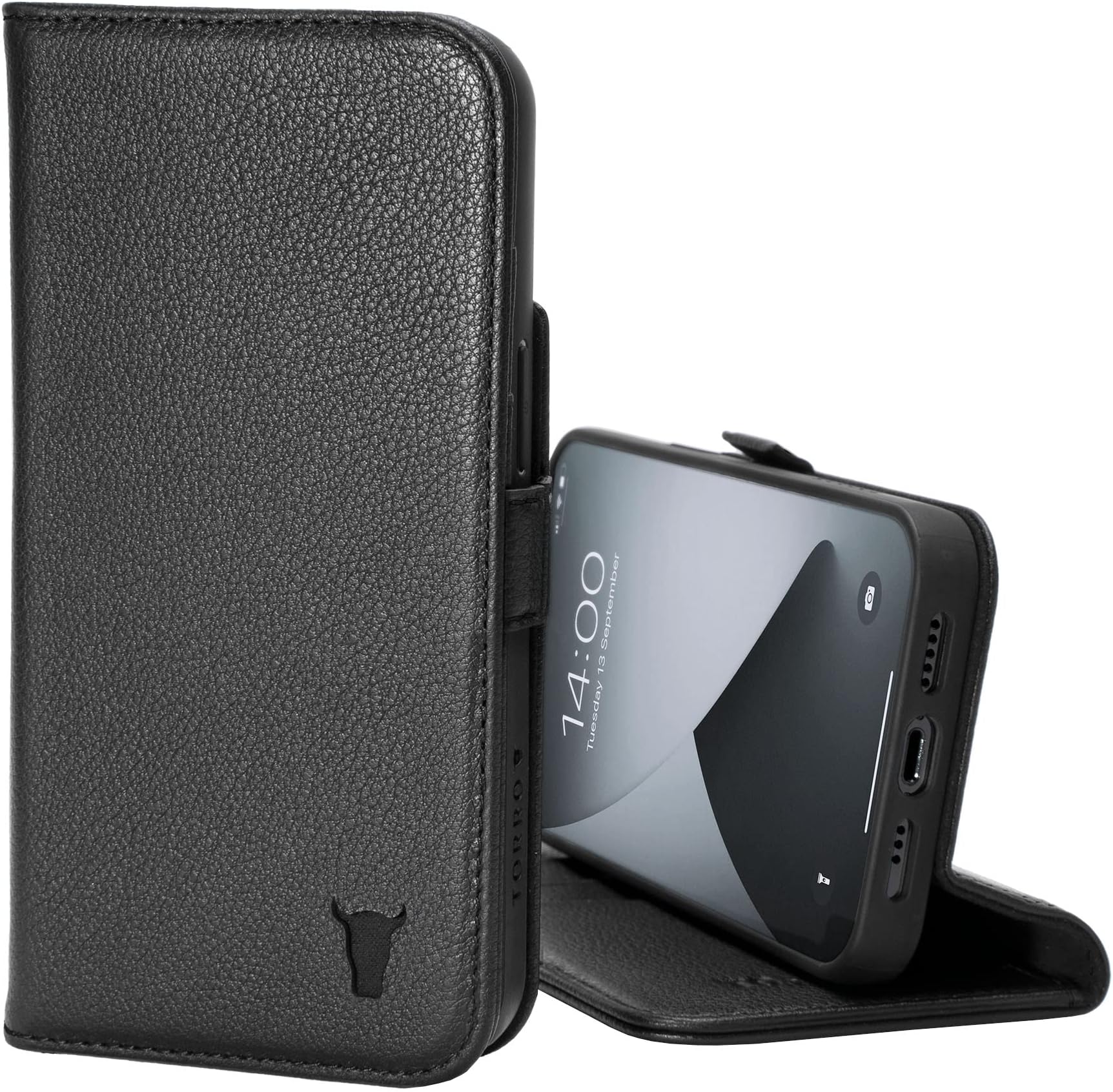 TORROCase Compatible with iPhone 13 Pro – Premium Leather Wallet Case with Kickstand and Card Slots (Black)