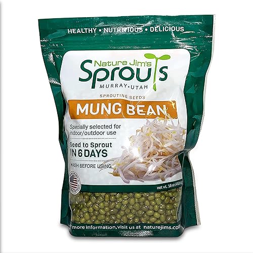 Nature Jims Mung Bean Sprout Seeds – Semillas germinantes de 16 onzas – Semillas de frijol Mung Premium – Sin OMG – Bolsa resellable para una