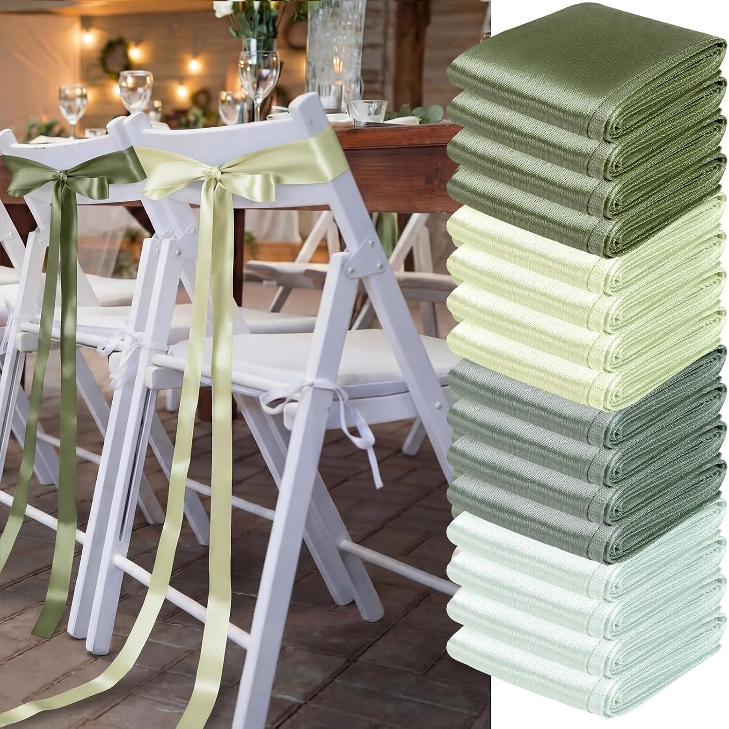 Dingion Sage Green 36 Pcs Large Satin Chair Sashes for Wedding Aisle Decoration 1.6" x 122'' Satin Chair Sashes Ribbon Bow Decor for Bridal Shower Reception Ceremony Banquet Party Supplies