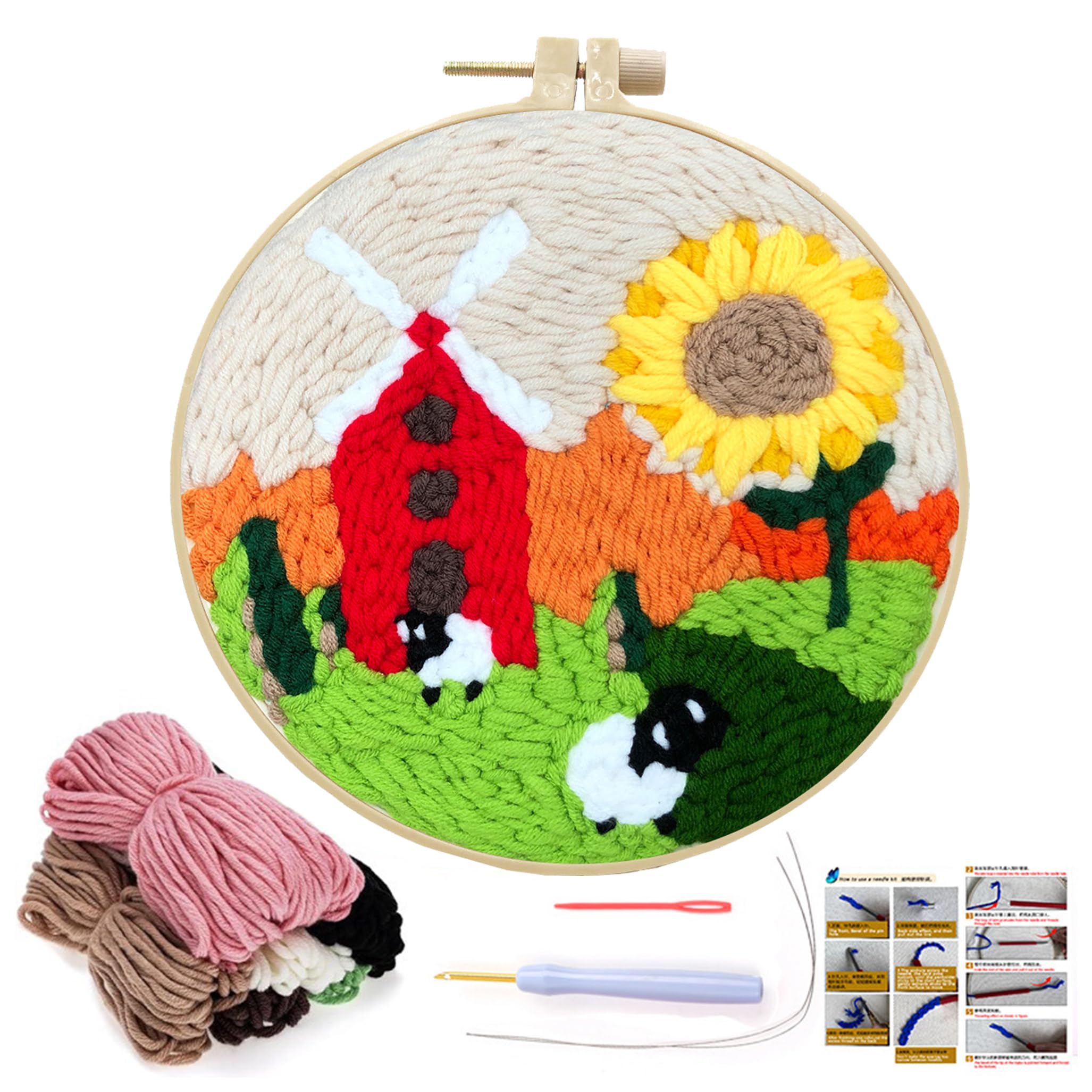 MAZAOTEU Punch Needle Kit for Adults Beginners, Punch Needle Embroidery Kit with Cute Funny Pattern, Starter DIY Craft Set, Stitching Kit for Adults with Embroidery Hoops and Pen (Farm-A)