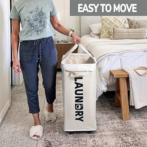 Miniatura 3 de Goodpick Cestas de lavandería con ruedas y asa, paquete de 2 cestas plegables de 75 L, cesta de lavandería con bolsas de lavado extraíbles para