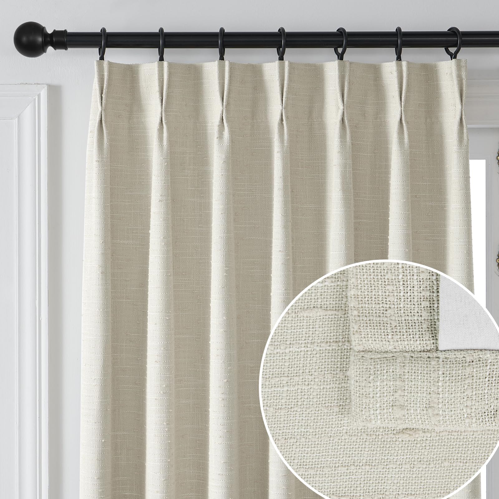 Maison Colette Full Blackout Pinch Pleated Linen Texture Curtain for Living Room,Back Tab Luxury Sheer with Liner for Bedroom,2 Panels, 40" W x102 L,Linen
