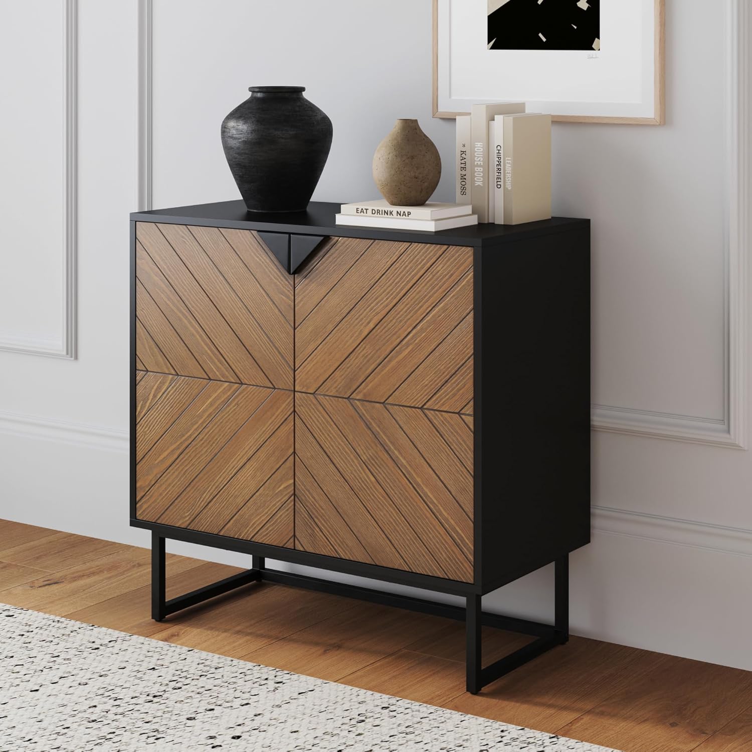 Nathan James Enloe Modern Sideboard Buffet Storage Accent Cabinet Black with Doors in a Rustic Pine Wood Finish and Matte Metal Base for Hallway, Entryway, Kitchen or Living Room, Walnut Brown/Black